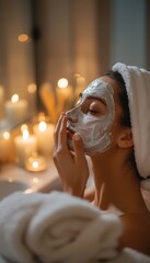 DIY Face Mask Relaxation in Luxurious Bathroom with Candles and Soft Lighting for Tranquil Self-Care