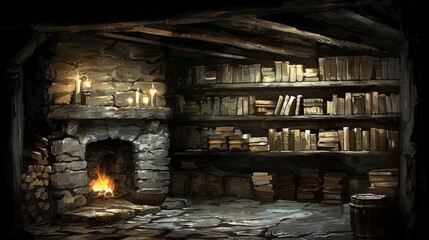 burning fireplace and old bookcase in a stone house