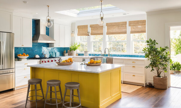 A kitchen with a large, yellow island in the center has a white countertop and three gray stools