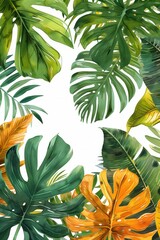 A painting of a tropical forest with green and yellow leaves