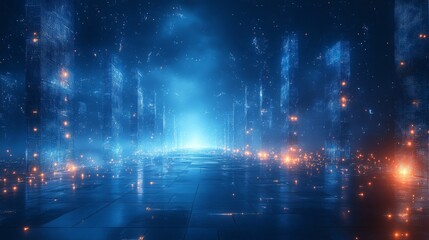 Fototapeta premium Digital representation of internet freedom in a futuristic virtual landscape with glowing pathways
