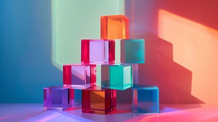 Colorful stacked blocks create a vibrant display with shadows and light, showcasing geometric...