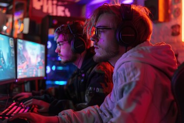 Fototapeta premium Two men are playing a video game in a dimly lit room, generative ai image