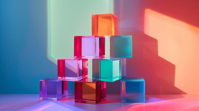 Colorful stacked blocks create a vibrant display with shadows and light, showcasing geometric shapes and hues in harmony.