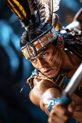 a powerful Mayan warrior in mid-battle, the dramatic movement of his weapon captured with perfect timing