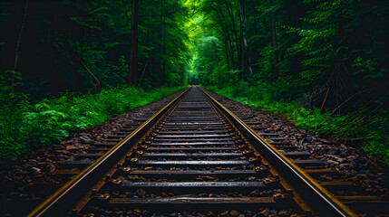 Fototapeta premium Railroad Tracks Winding Through Green Forest