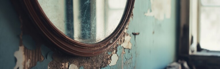A weathered mirror reflects a peeling wall in a forgotten room, evoking nostalgia and decay.