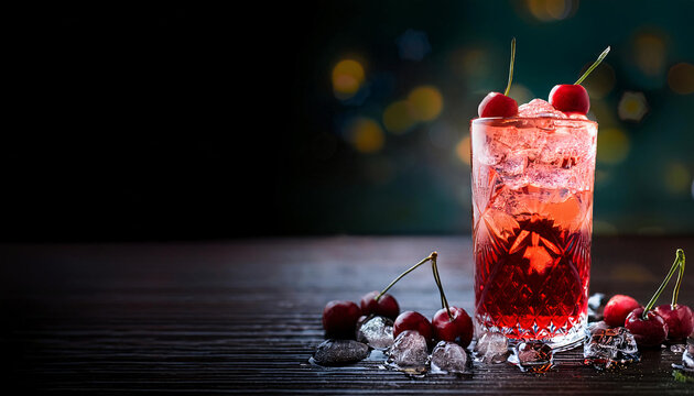 Garnished cocktail with cherry fresh cranberry juice and ice isolated view with text space