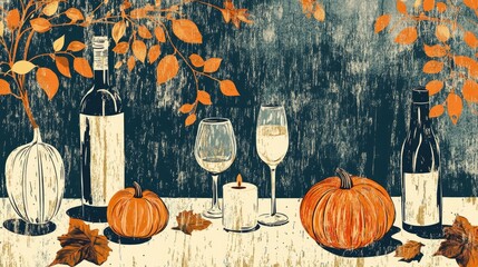 Cozy fall table decoration illustration with small pumpkins candles and white wine for a festive gathering Rustic charm and elegant autumn vibes