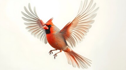 Fototapeta premium Northern Cardinal Bird Flying on White Background, Photo Realistic, Wallpaper, Cover and Screen for Smartphone, PC, Laptop, 9:16 and 16:9 Format