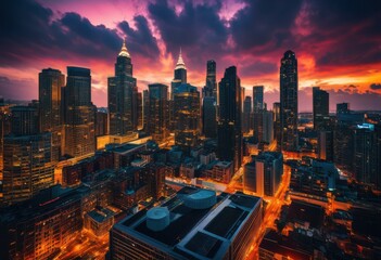 stunning dynamic urban skylines highlighting architectural contrasts dusk backdrop vibrant colors unique structures, architecture, cityscape, buildings, design