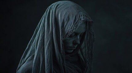 A somber figure draped in a translucent veil, evoking a sense of mystery and introspection.