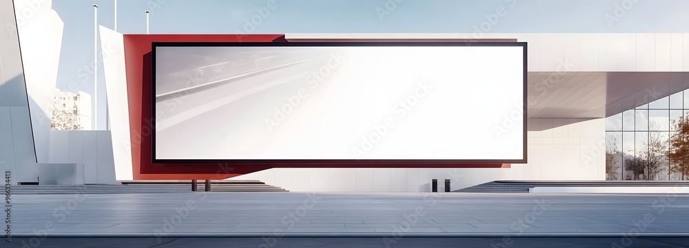 Poster 36. a billboard in front of a striking modern building with sleek design and a large white space