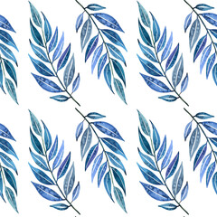 Watercolour blue leaves tropical illustration seamless pattern. On white background. Hand painted floral. Drawn Botanical. Summer, spring vibes print. For fabric, wallpaper, wrapping, decor