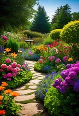 Naklejka premium vibrant garden layouts featuring diverse plant arrangements colorful lush creative designs outdoor spaces, aesthetic, backyard, beds, blooms, botanical