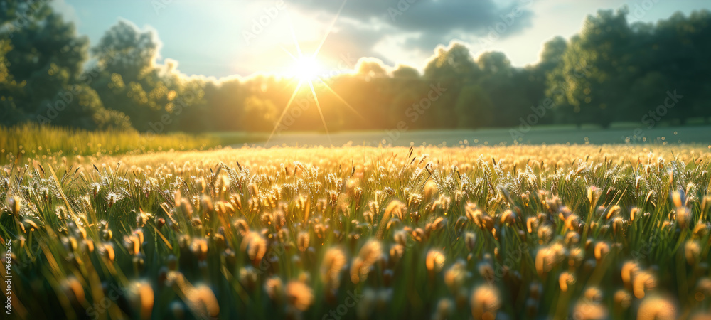 Poster a blurry summer field shines under sunlight. generative ai.