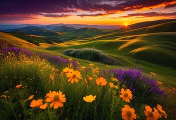 Obraz premium breathtaking sunset over vibrant green hills lush fields creating stunning natural landscape, nature, sky, clouds, evening, scenery, view, light, colors