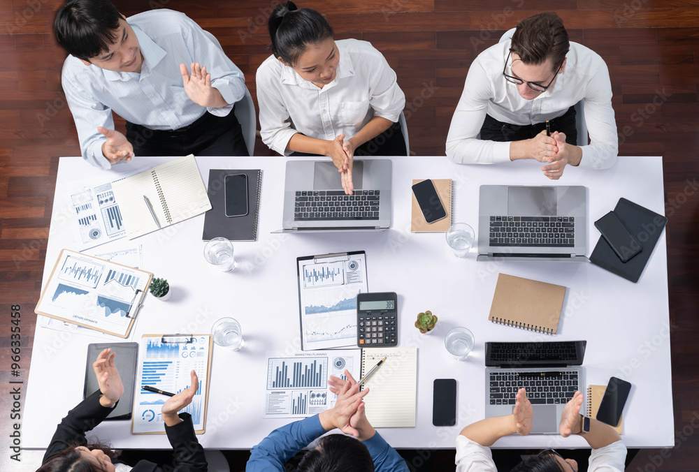 Poster top view analyst team utilizing bi fintech to analyze financial data at table in meeting room. analy