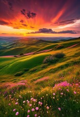 vibrant sunset illuminating lush green hills expansive meadows under colorful sky, view, nature, landscape, scenery, clouds, light, evening, panorama, field