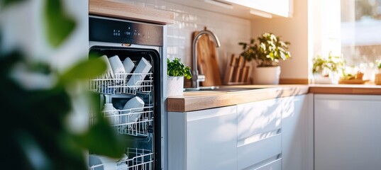 Eco-Friendly Kitchen Design Featuring Open Dishwasher with Sustainable Cleaning Pods