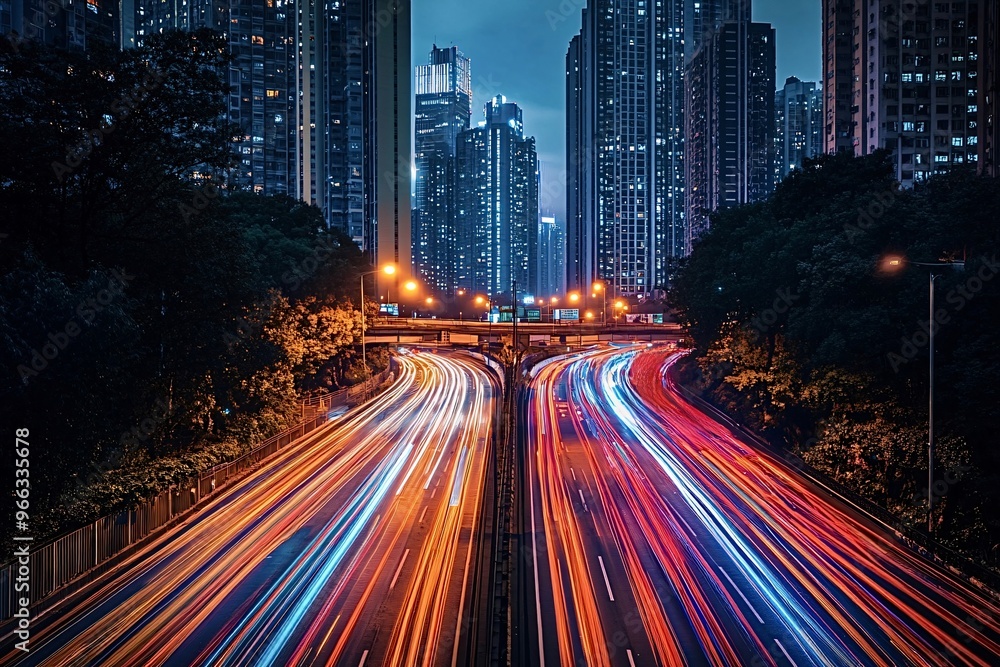 Poster long exposure of traffic flowing on a multi lane highway in hong kong, creating streaks of light tha