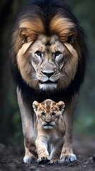 Fototapeta premium Lion Walking with Cub in Nature, Realistic Photo, Wallpaper, Cover and Screen for Smartphone, PC, Laptop, 9:16 and 16:9 Format
