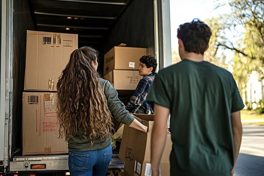 Three friends unloading boxes from a moving truck on a sunny day, starting a new journey in a new neighborhood. Exciting teamwork and support in moving to a new home