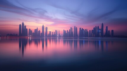 Obraz premium Stunning skyline reflection at dusk with vibrant colors and calm water in the foreground, showcasing modern architecture.