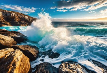 vibrant sea waves crashing rugged rocky shores under bright blue sky white foam turquoise tints, beach, coastline, ocean, landscape, scenery, water, marine