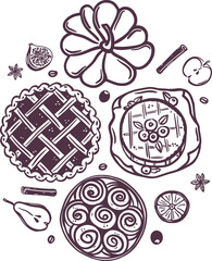 Hand-drawn flat lay autumn composition featuring pie, buns, pumpkin, fruit, baked Camembert and spices. Black sketch style. Cozy fall season. Baking and dessert concept.