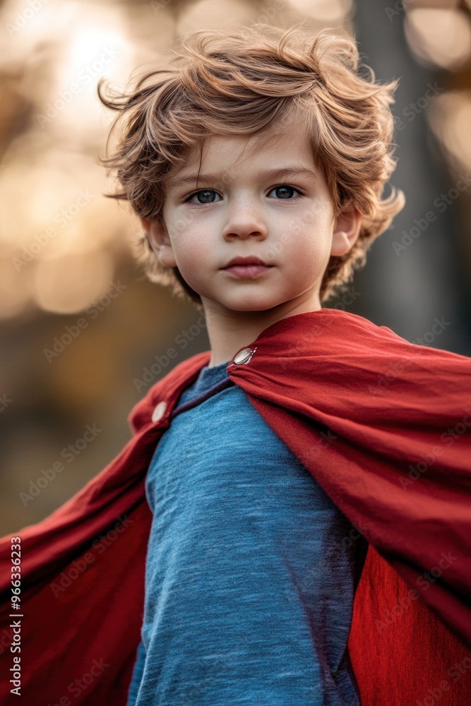 Sticker A young boy in a red cape stands confidently, embodying a superhero persona outdoors.