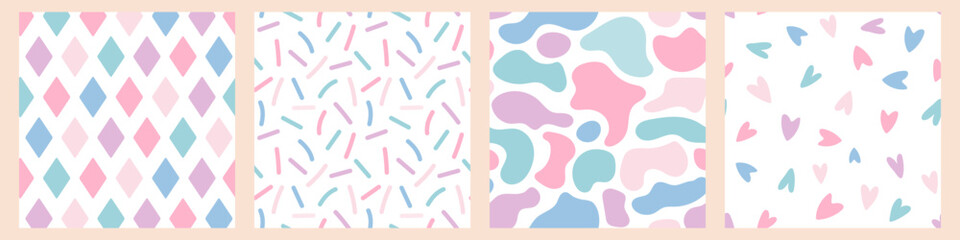 Cute Geometric seamless Pattern set. Abstract shapes in pastel colors background. Hearts, liquid spots, dashes, rhombus. Kids Pattern for scrapbook, packaging, textile print