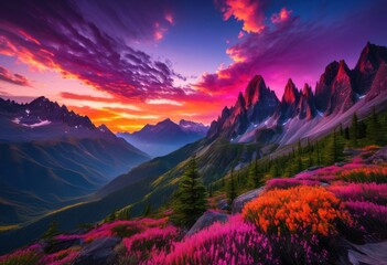 stunning sunrise over majestic mountain peaks illuminating sky vibrant hues casting shadows rugged terrain, illumination, nature, landscape, clouds, view