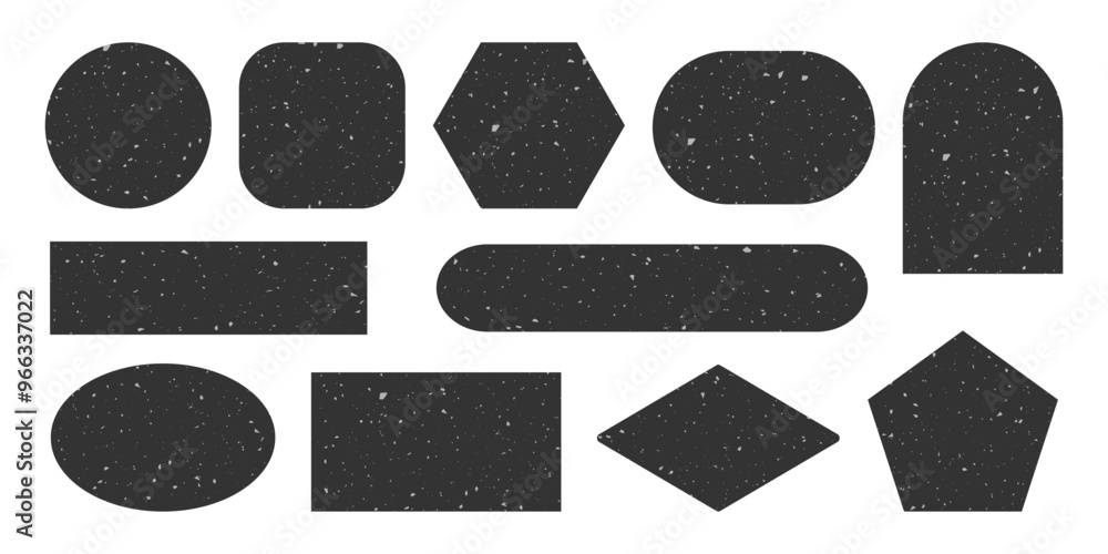 Poster different geometric frames with scratched texture. grainy textured black shapes stickers. icon tag l