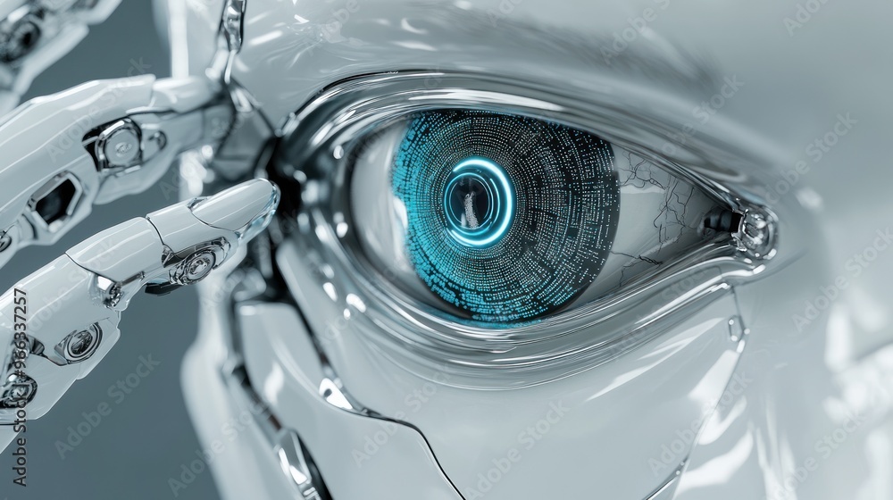 Aufkleber close-up of a robotic eye with a glowing blue iris and digital information displayed on the surface.
