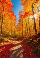 Obraz premium vibrant autumn foliage blanketing serene forest trails rich colors textures under clear blue sky, leaves, trees, nature, scenery, landscape, season, beauty