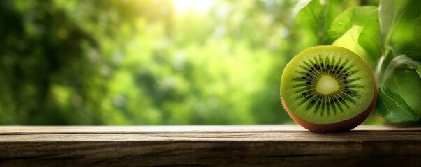 Fresh kiwi fruit on wooden table outdoors, natural setting. Healthy lifestyle and organic food concept
