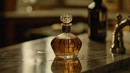   A bottle of perfume rests on a countertop beside a faucet and soap dispenser