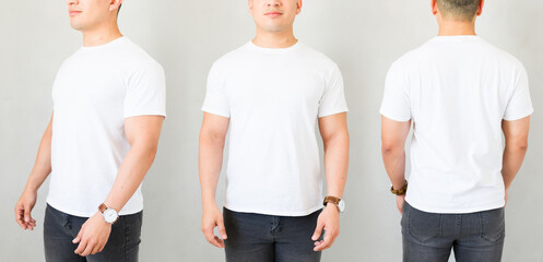 Man presenting a white t-shirt mockup, with front, back and side view, on a plain background