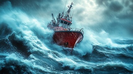 A red ship battles a stormy sea with large waves crashing around it.