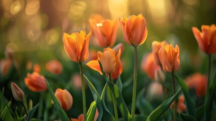 Bright Orange Tulips in a Lush Green Field with Warm Sunshine Glowing