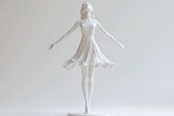 Fototapeta premium A graceful ceramic figure of girl in flowing dress, captured in moment of joy and freedom. clean design showcases accurate 3D modeling, emphasizing elegance and simplicity. 