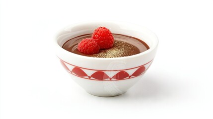  White bowl holds chocolate pudding, topped by red-patterned saucer and fresh raspberries
