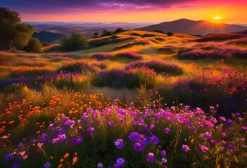 Obraz premium stunning vibrant sunset casting warm hues over lush rolling hills adorned colorful blossoming flowers, nature, landscape, sky, clouds, evening, meadow