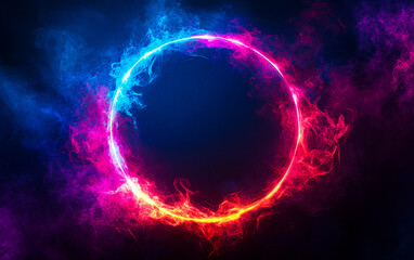 Obraz premium Abstract neon glowing circle of flames on a black background.