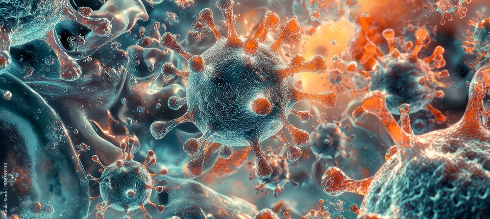 Poster intricate virus particle under microscope highlighting molecular structure for scientific study and 