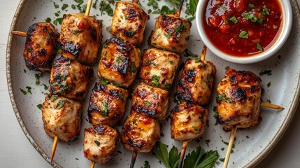 Grilled Chicken Skewers with Spicy Sauce Generative AI