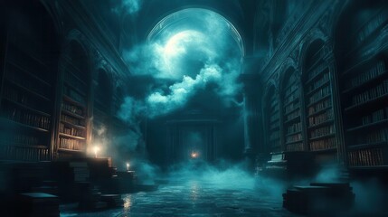 eerie moonlit library with ghostly teacher floating books and shadowy shelves mysterious fog swirls around ancient tomes creating an atmosphere of supernatural learning