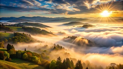 Obraz premium Captivating View of Fog Rolling Over a Lush Valley with Sunlight Breaking Through for Wall Art and Nature Project Use