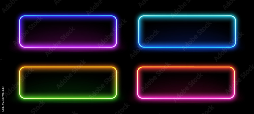 Poster neon rectangular frame. illuminate frame design. set of rounded neon border. futuristic graphic elem